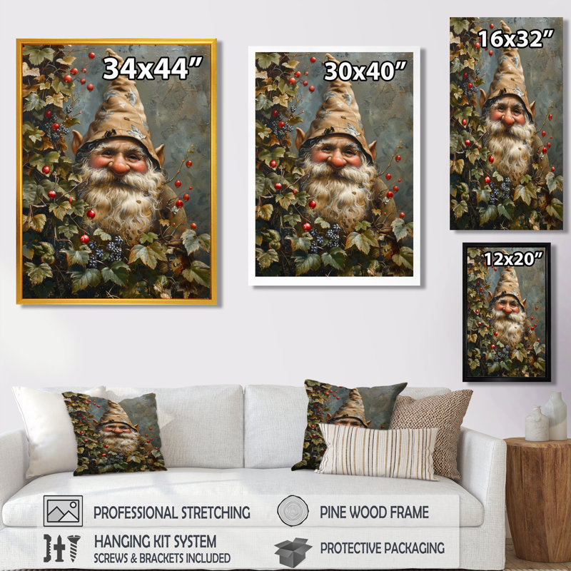 Gnome de jardin d'automne rouge et vert, Toile tendue, H 30 po x l 40 po