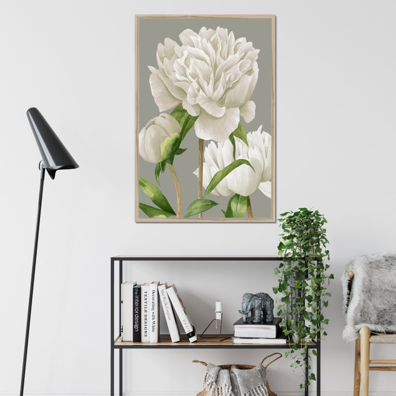 White Peonies II by Grace Popp - Painting, 95cm H x 65cm W, Natural Wood Framed Paper Print