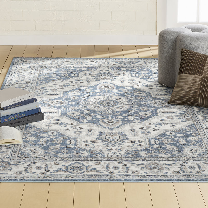 Tapis oriental ivoire / bleu Chyan, Rectangle 5 pi 2 po x 7 pi 2 po