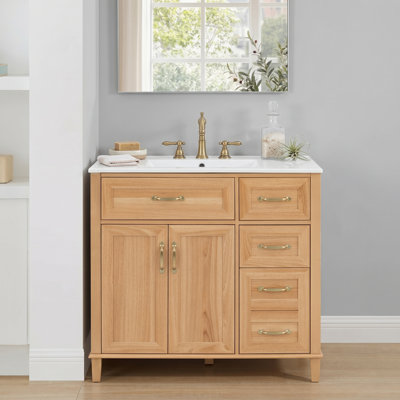 36" Bathroom Vanity With Ceramic Sink, Flip-Up Storage Compartments, Soft-Close Hardware, Solid Rubberwood Legs, Natural Wood Finish