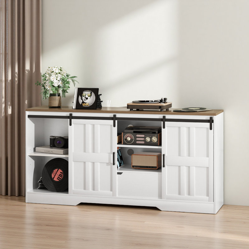 Meuble télé pour téléviseur 65,9 po, meuble télé Mid-Century avec portes de grange coulissantes, Blanc