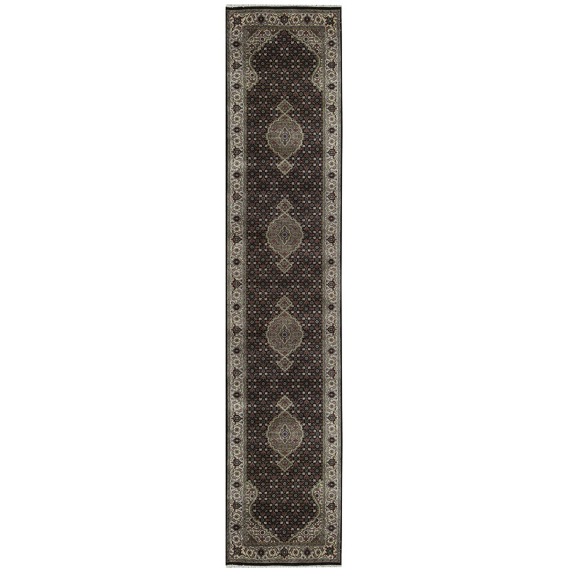 Hand-Knotted High-Quality Black and Cream Runner