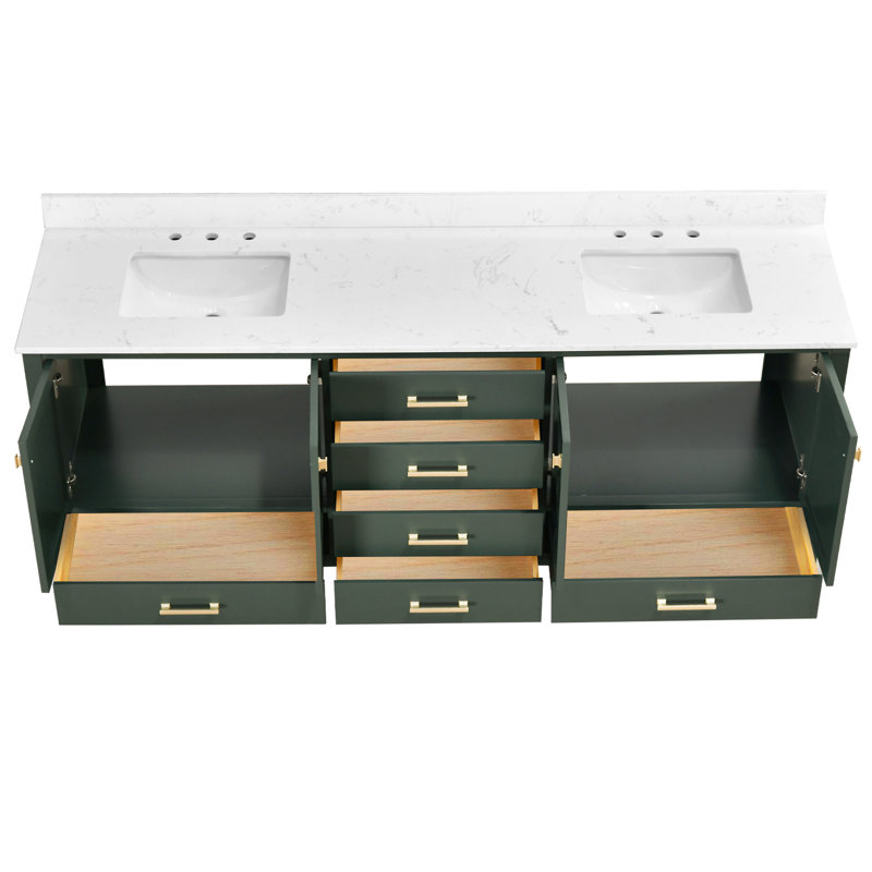 Meuble-lavabo 84 po avec plateau en pierre reconstituée 84 po, Vert / or brossé, 84"