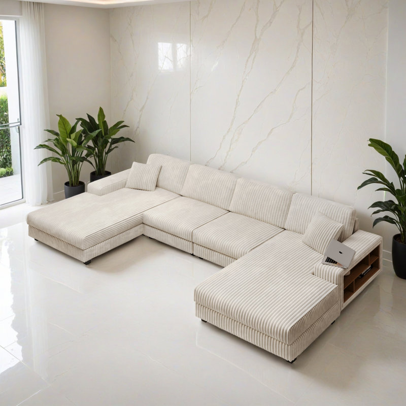 Canapé modulaire en U de 139,78 po pour salon, Velours côtelé beige