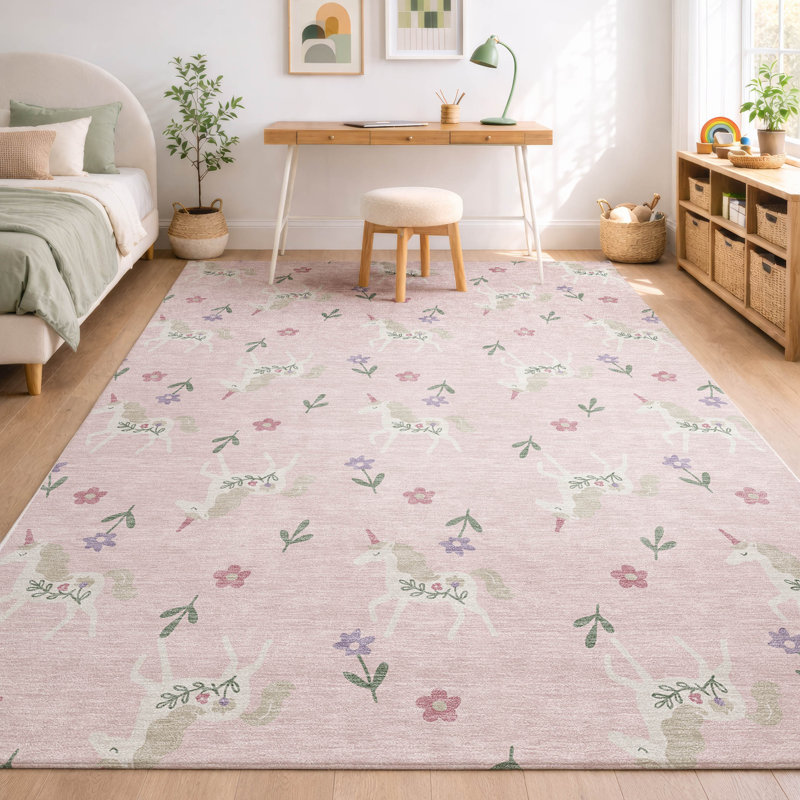 Machine Washable Indoor/Outdoor Chantille ACN2657 Kids Rug, Pink, 5' x 7'6"