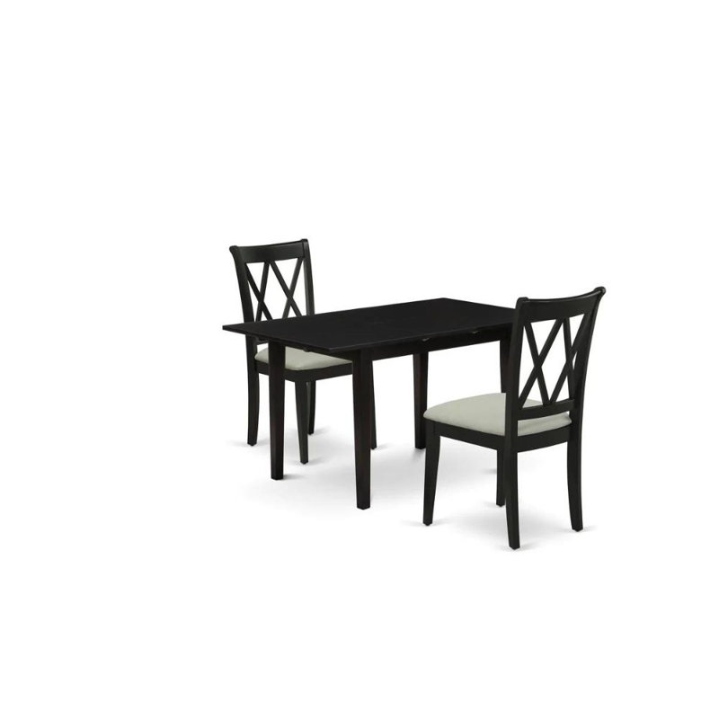 3 Piece Kitchen Table Set Contains a Rectangle Dining Room Table with Butterfly Leaf and 2 Linen Fabric Dining Chairs, Black