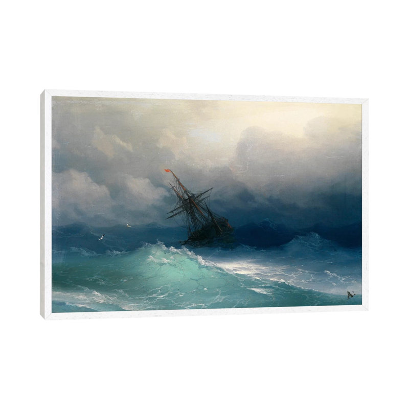Ship On A Stormy Seas by Ivan Aivazovsky - Painting on Canvas, 66.04 cm H x 45.72 cm W, White Framed
