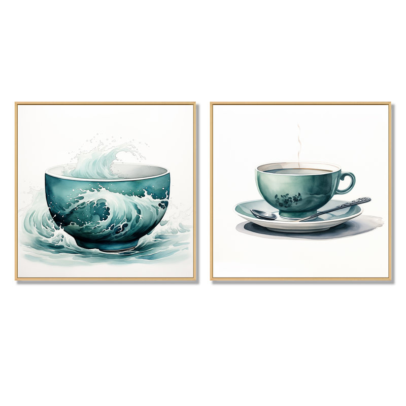Green Green Teacup Delight I - ensemble d'art mural chinois sur toile, 2 pièces, Cadre flottant brun