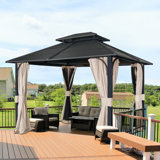 12 Ft. W x 10 Ft. D Metal Gazebo with 4-sided zippered nettings and light beige curtains