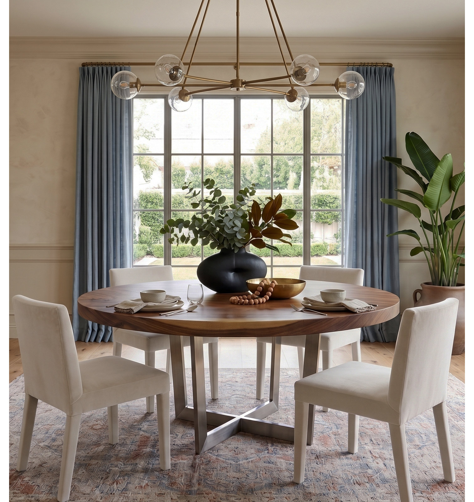 Chuleta Round Dining Table on Stainless Steel Base, Natural