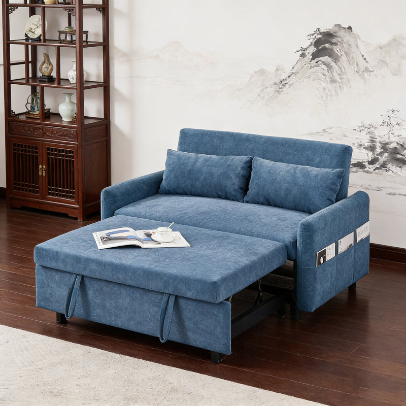 Upholstered Loveseat with Adjsutable Backrest, Storage Pockets, 2 Soft Pillows and USB Ports, Blue
