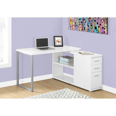 L Shape Desk For Modern Home Office Work: White Laminate, Grey Metal, Storage, Left/right Setup Contemporary Writing - Spacious Storage
