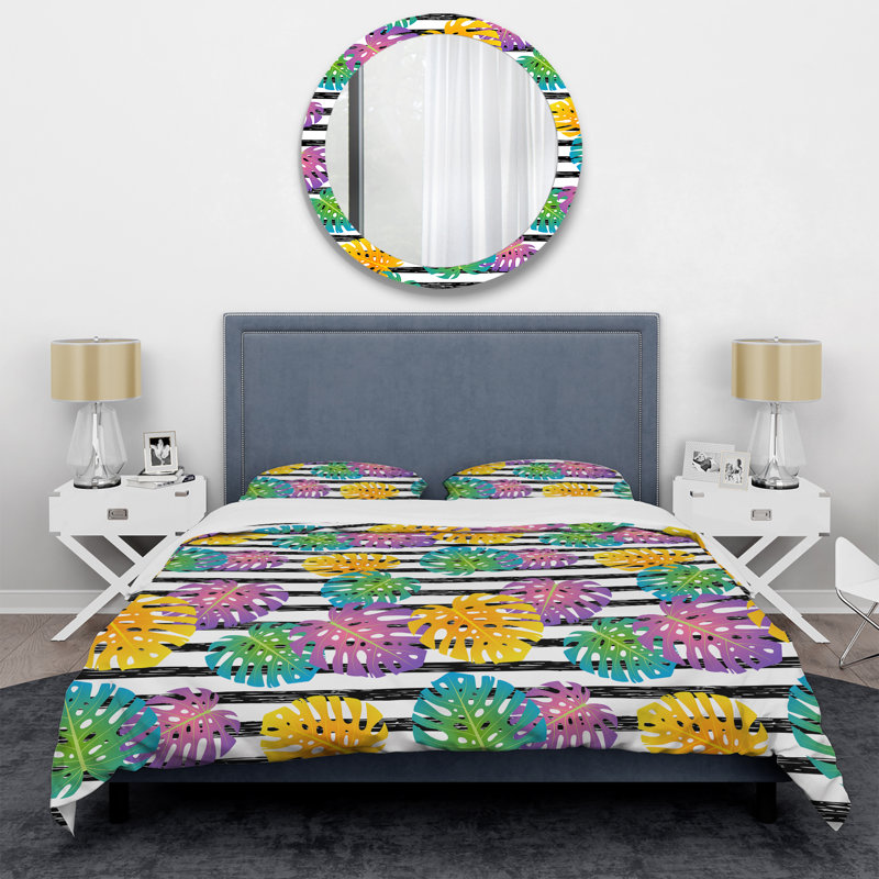 Ensemble de housse de couette en microfibre mauve / jaune 3 pièces, Housse de couette pour grand lit et 2 taies décor