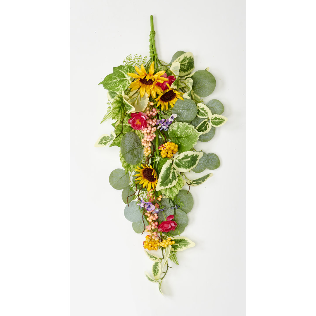 28" Artificial Sunflower Berries, Leaves, Teardrop Swag Primrue