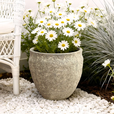 Weathered Stone Finish Round Planter, 12.4" Round, Textured Concrete-Style Pot