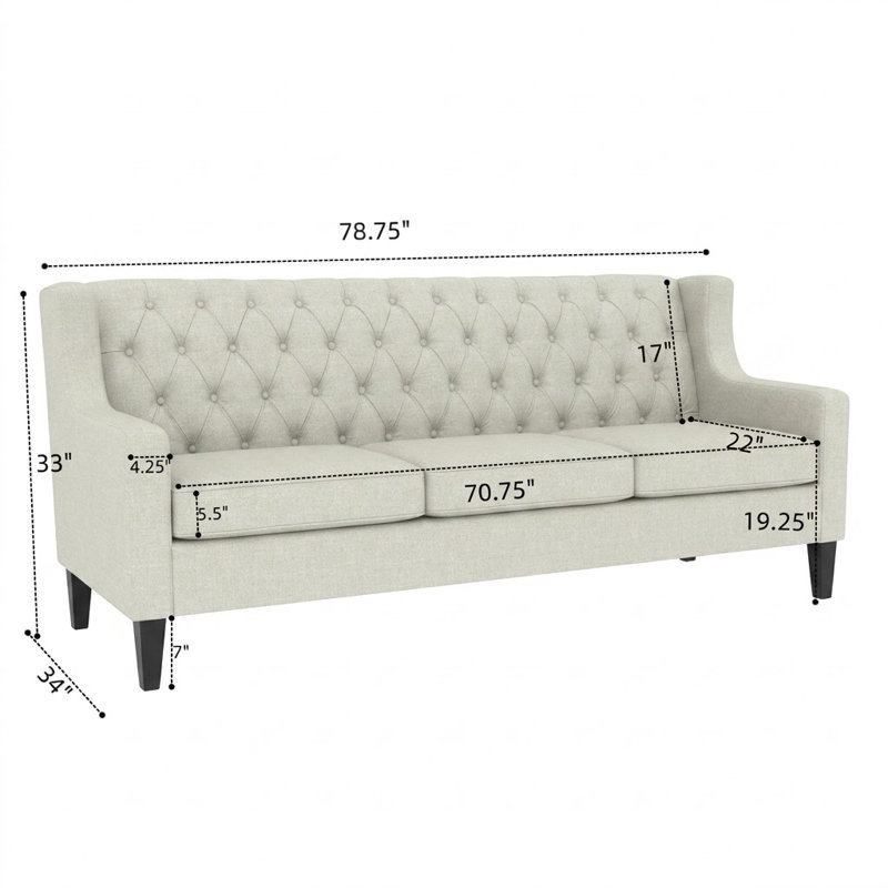Canapé capitonné 78,75 po 3 places avec coussins amovibles, Beige