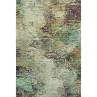 8' X 10' Beige Teal And Olive Green Abstract Washable Area Rug With UV Protection