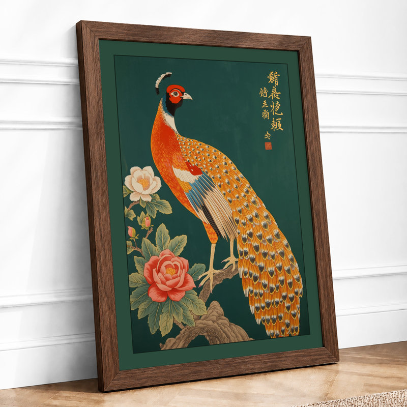 Peacock in Gold Japandi - Framed Print, Walnut, A4 - 29.7 x 21.0 cm