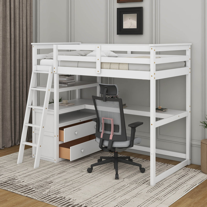 Lit mezzanine simple avec bureau et tablettes, Blanc