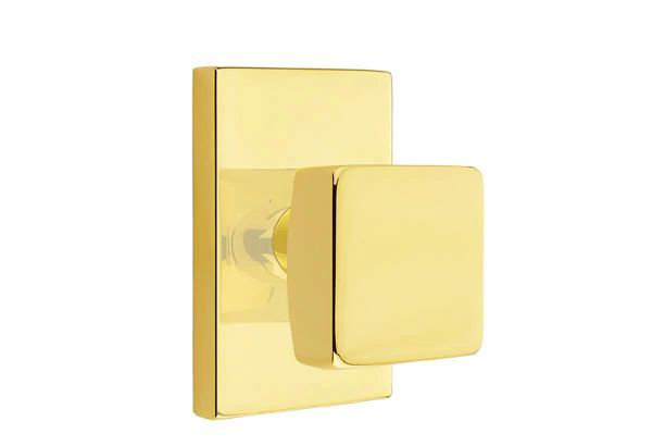 Emtek Passage Interior Mortise Set w/ Modern Rectangular Rosette & Square Knob (RH), Unlacquered Brass