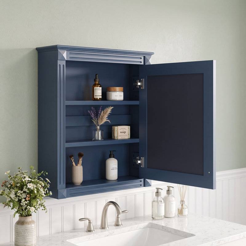 Meuble de salle de bain mural avec miroir et étagères ajustables, Bleu