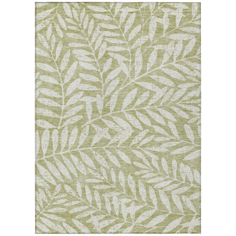 Tapis intérieur / extérieur 10 pi x 14 pi vert et ivoire à motif floral articulé lavable