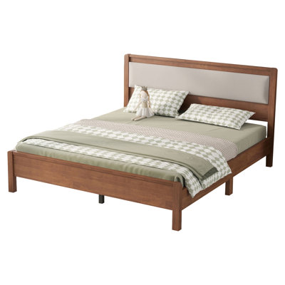 Lit plateforme Queen Size en bois d'hévéa brun avec tête de lit rembourrée en tissu doux, structure de pieds de soutien renforcée et cadre silencieux pour la chambre à coucher