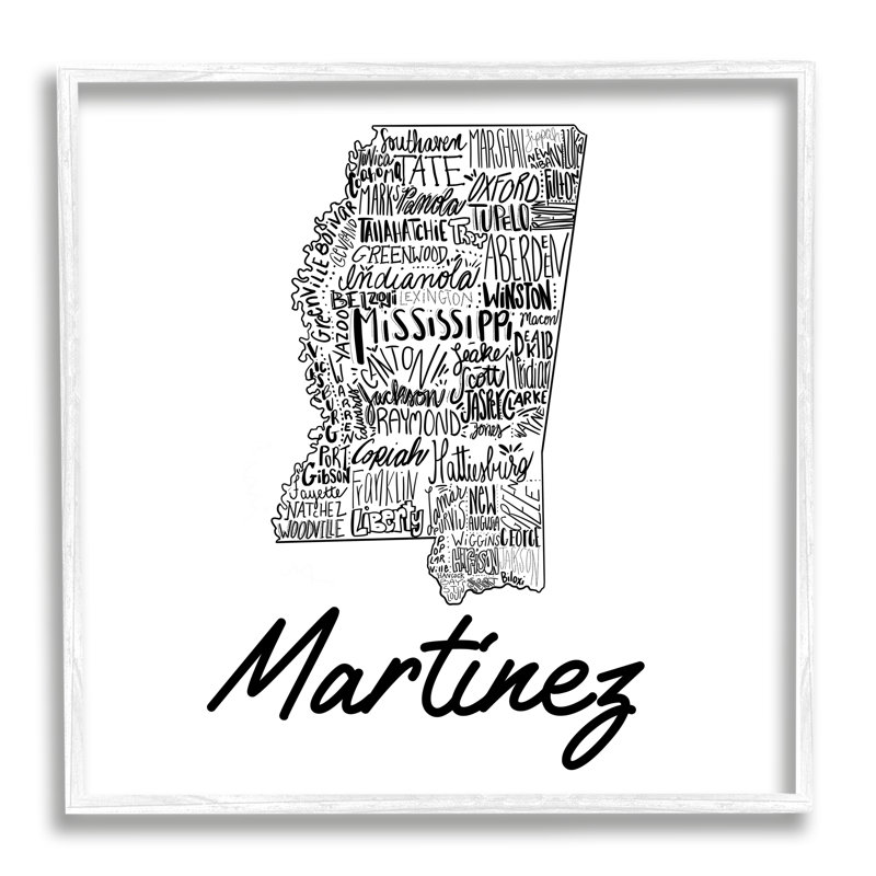 État du Mississippi, typographie cmw-055, Estampe numérique encadrée blanc bord de mer, H 12 po x l 12 po, Oui