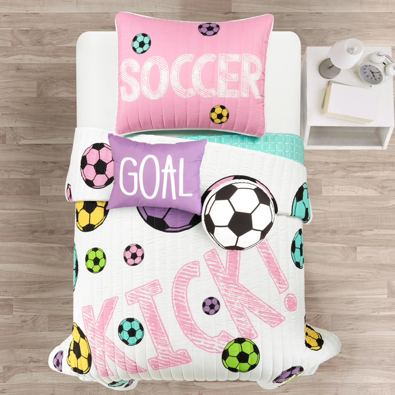 White and Turquoise Reversible Soccer Quilt Set with Pillows