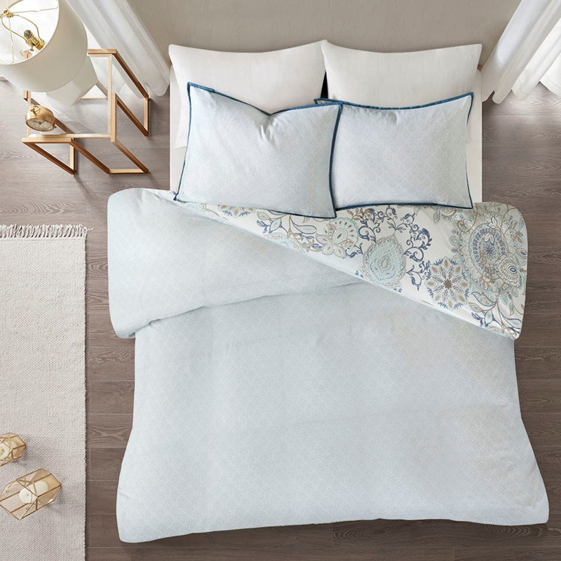 3 Piece Duvet Cover King/ King - Cotton Floral Print, Reversible Style, Shabby Chic, Medallion , Two-Tone Reverse Button Closure, Bedding Reversible, Complementary Pattern, Inside Corner Ties, Feel