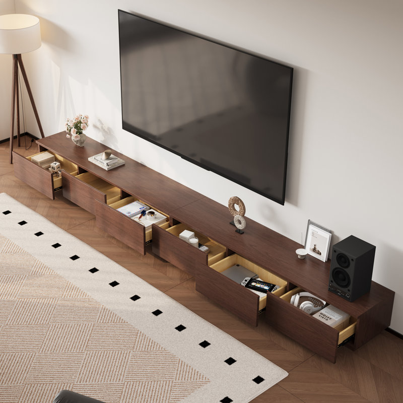 Meuble télé 141 pouces, console multimédia en bois massif brun avec 6 tiroirs, H 13,78 po x L 141,73 po x l 15,75 po