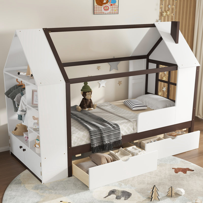 Lit plateforme simple avec tiroirs et tablettes, construction en bois massif, design enfantin, finition blanche et espresso