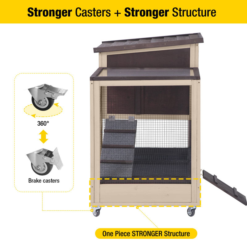 Rabbit Cage Indoor Bunny Hutch with Run with Two Deeper No Leak Trays - 4 Casters Include for Outdoor (Coffee), Coffee
