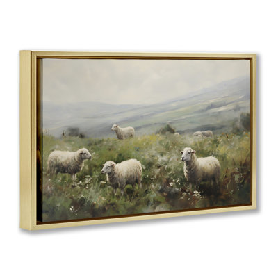 Misty Sheep Pasture Gold Framed Floater Canvas by Petal Prints Design