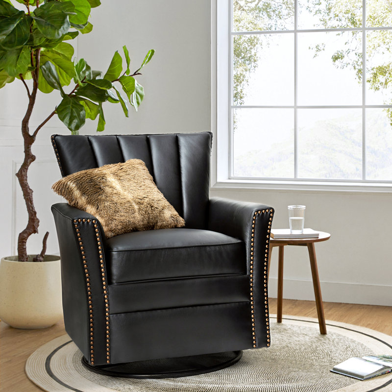 Heilig Genuine Leather Swivel Rocker Armchair, Black Genuine Leather