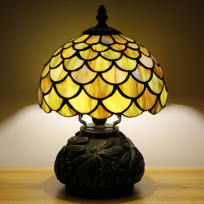 Small Tiffany Lamp Mini Stained Glass Table Lamp Yellow Fish Scale Style Tiffany Style Mushroom Desk Light Memory Sympathy Lamp 8X11 Inch