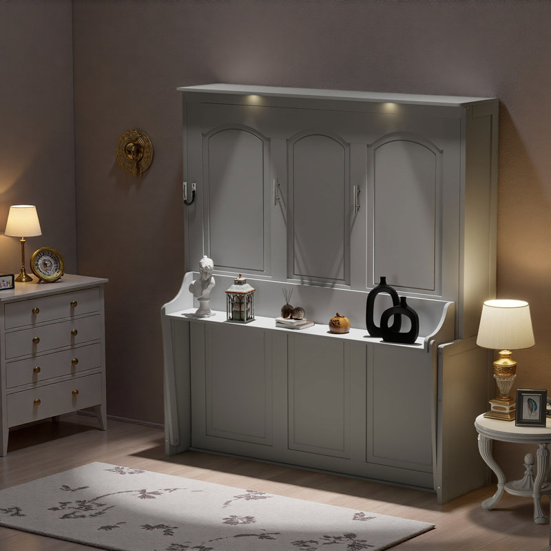 Grand lit escamotable avec bureau, lumières DEL et station de charge USB, gris