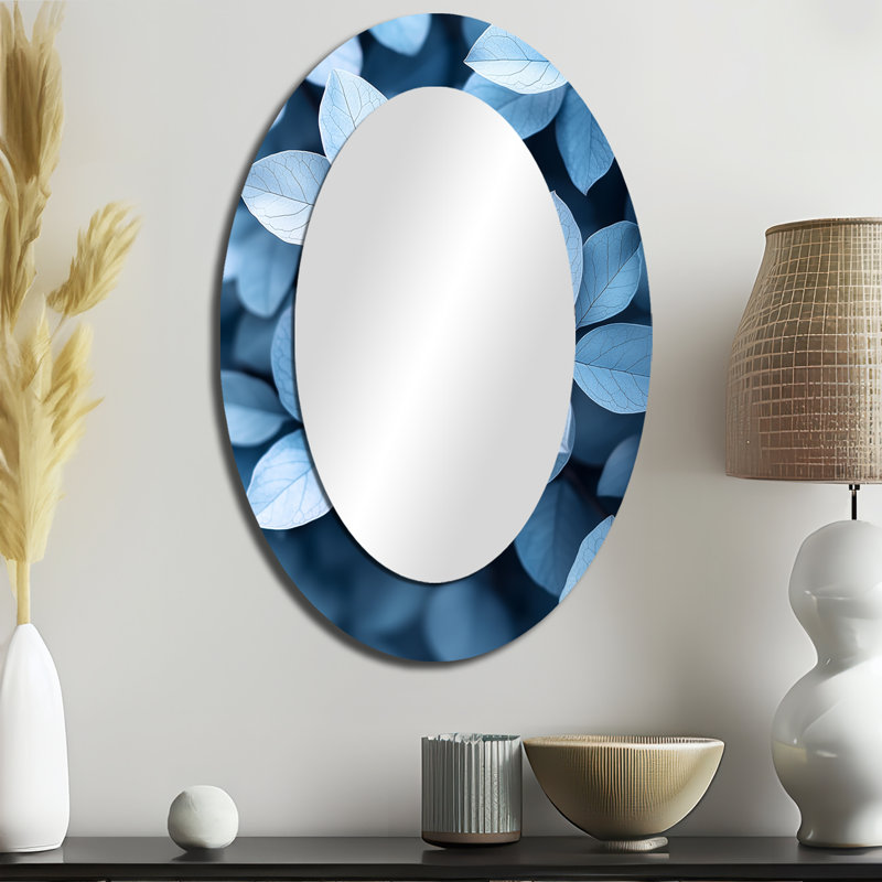 Minimalisme Smoky Blue Leaves II - miroir mural ovale tropical bleu, 36 po x 24 po