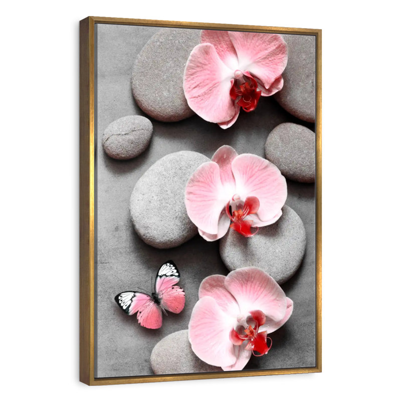 Zen orchidées roses et papillons, Floating Frame Gold, 9 po x 13 po