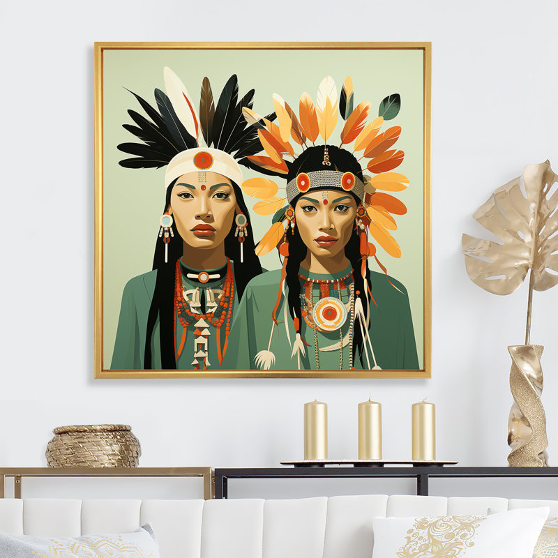 Native American Feathered Legends sur toile, Cadre flottant doré, H 30 po x l 30 po