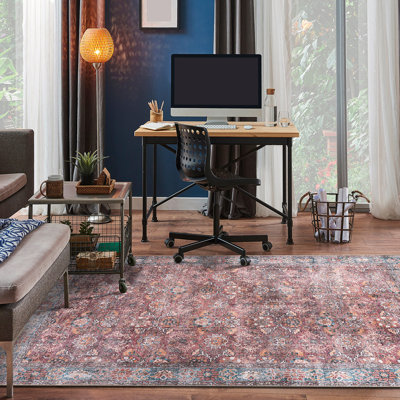Transitional Bordered Vintage Machine Washable Non Slip Area Rug