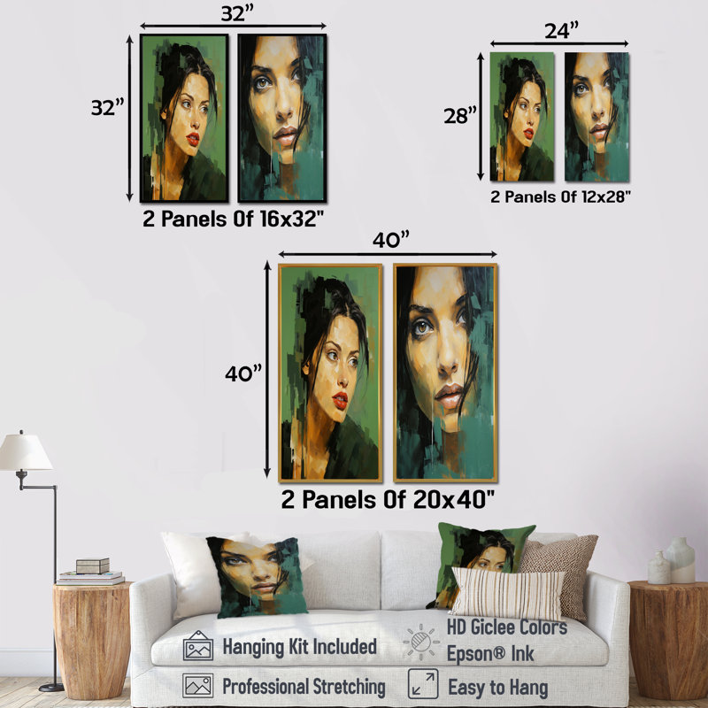 «Green Jade Jolie Portrait», ensemble d'art mural sur toile Celebrity / Famous, Cadre noir, H 32 po x l 33 po