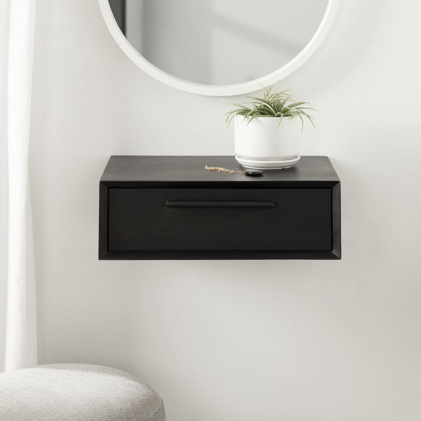Geoffry Mango Solid Wood Floating Wall Shelf with Drawers, Black