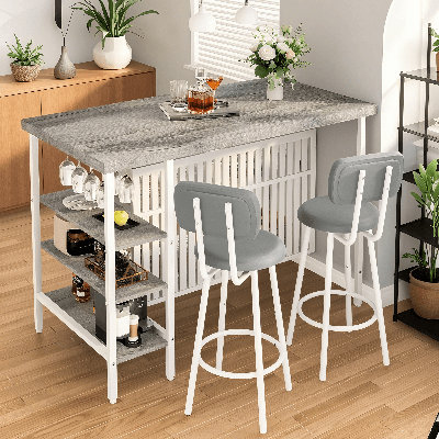 Kitchen Island With Seating & Storage,  Bistro Table And Chairs Set Of 2 With 5 Shelves,Modern Small Bar Table And 2 PU Upholstered Stools With Backrests For Small Space