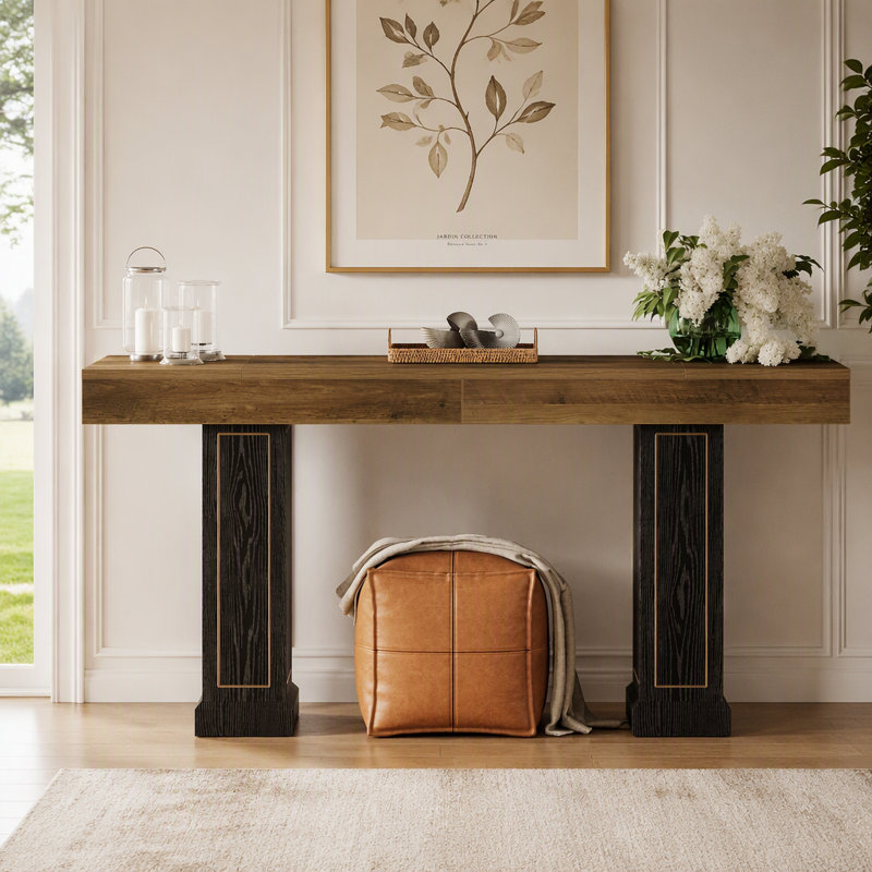 Table console extra longue de 180 cm (71 po) à placer derrière le canapé, table console étroite de 95 cm (37,4 po) de haut avec accents dorés pour le salon
