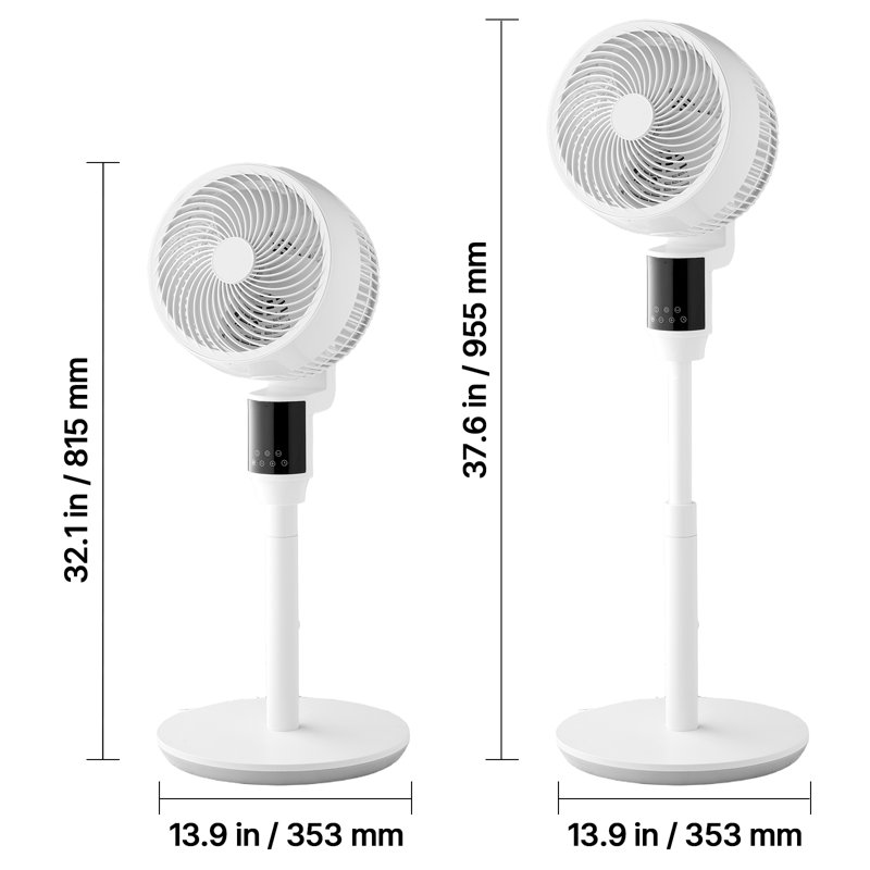 Ventilateur sur pied 9 pouces, ventilateur sur pied oscillant à 80 ° avec moteur DC, télécommande, 9 vitesses et 4 modes intelligents, minuterie 24H, hauteur réglable, pour la maison, la chambre à coucher, le salon, blanc