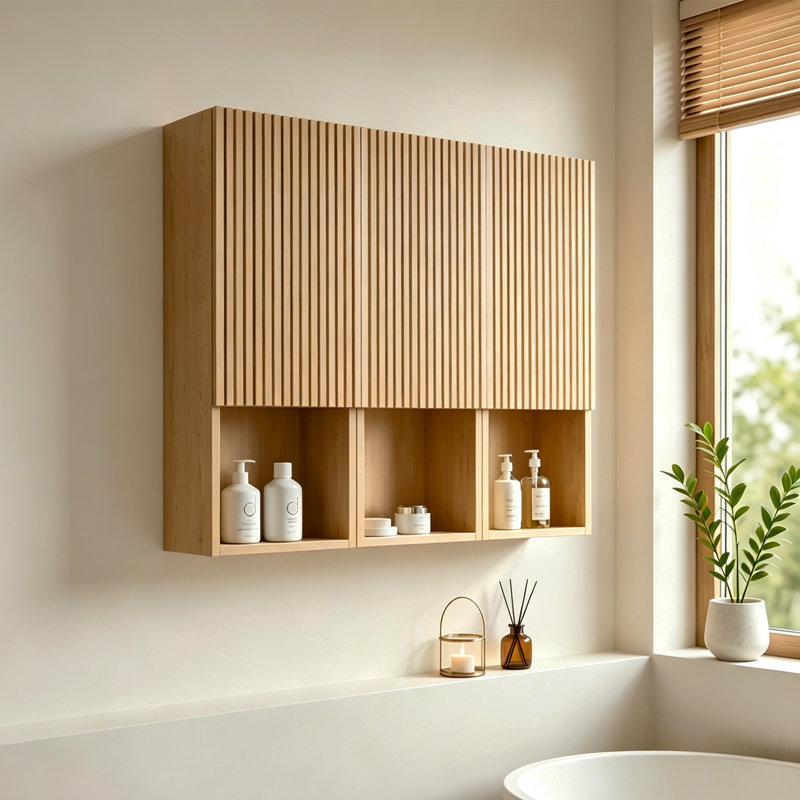 Meuble-lavabo mural moderne en bois massif à lattes flottantes Mid-Century