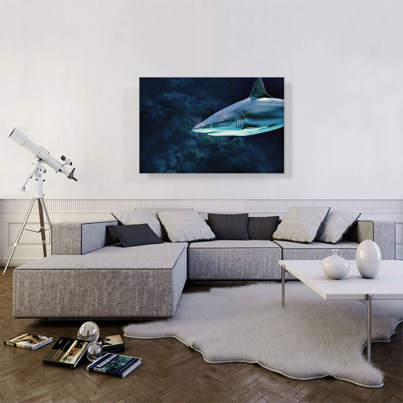 Requin dans l'océan - reproduction de photo sur toile tendue, H 26 po x l 40 po x P 0,75 po