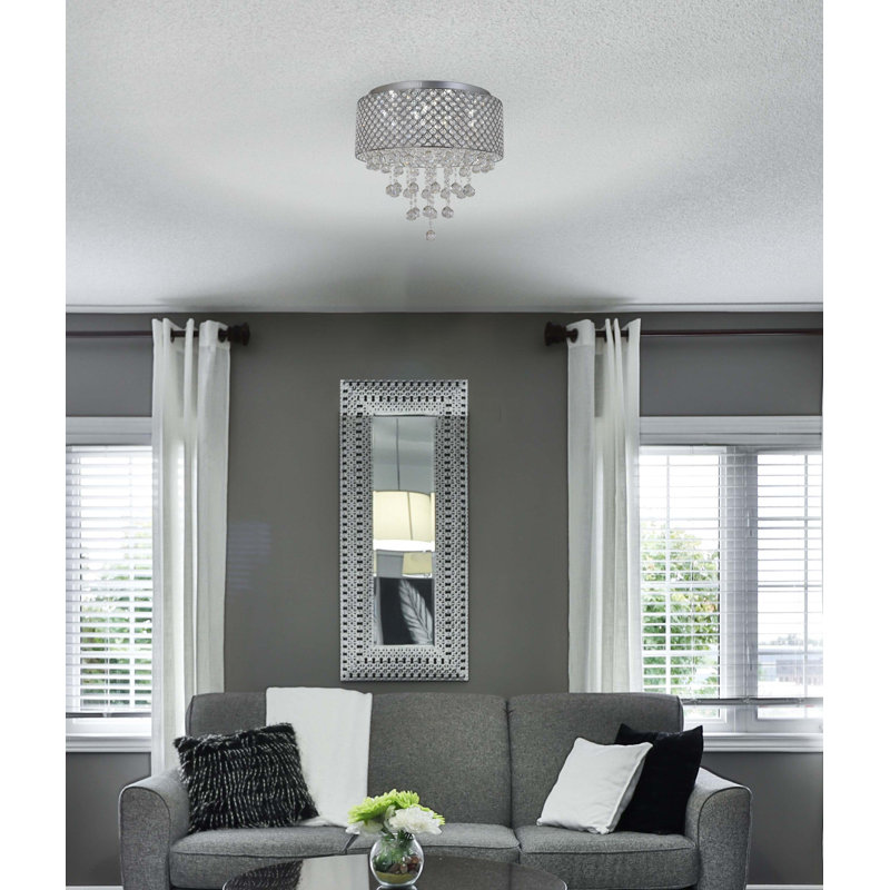 Plafonnier encastré en métal chromé Lopes avec détails en cristal transparent, H 18 po x l 16 po x P 16 po