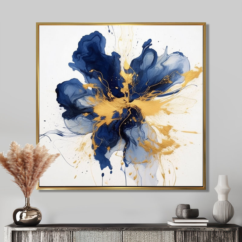 «Dark Blue and Gold Strokes I», art mural sur toile Fractals, H 16 po x l 16 po x P 1 po, Cadre flottant noir